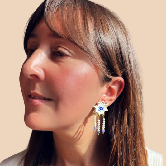 Aros Sol y Luna Blanco, Azul y Dorado