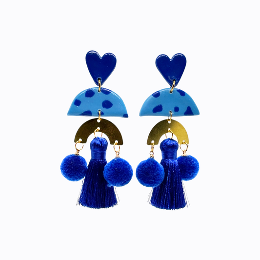 Aros Corazón Pompones Azules