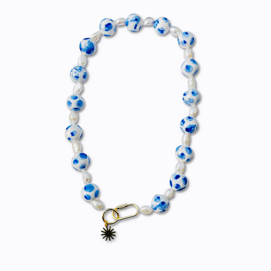 Collar Rodas Blanco, Azul y Perlas de Río
