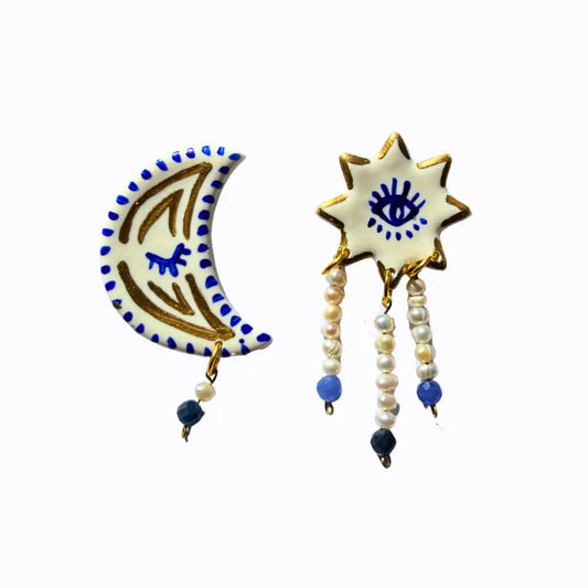 Aros Sol y Luna Blanco, Azul y Dorado